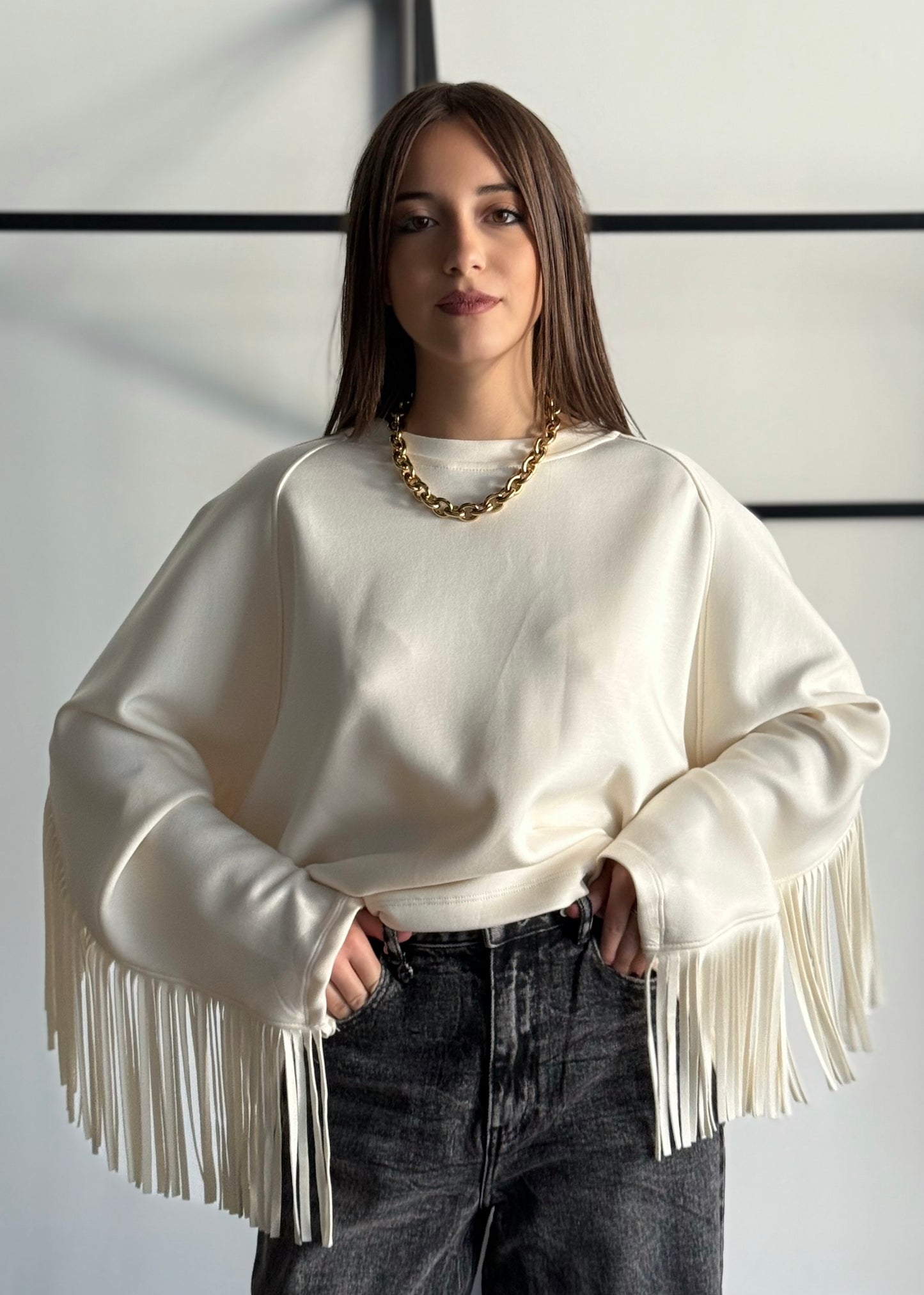 Felpa con frange sulle maniche e sul retro -LUMINA