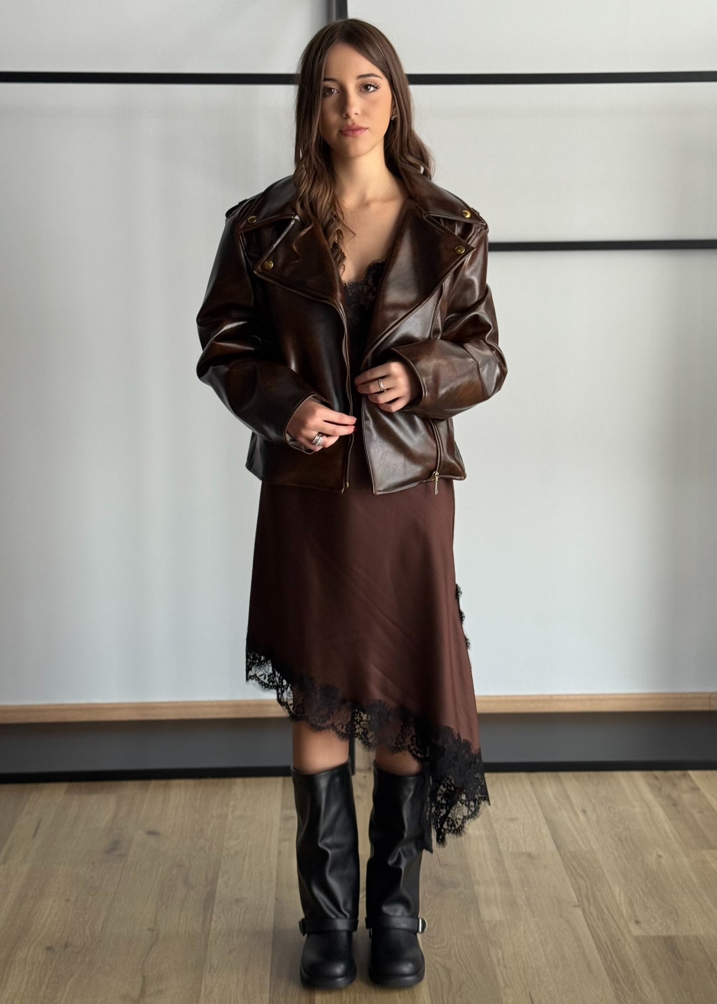 Giacca biker in ecopelle marrone -ZAHJR
