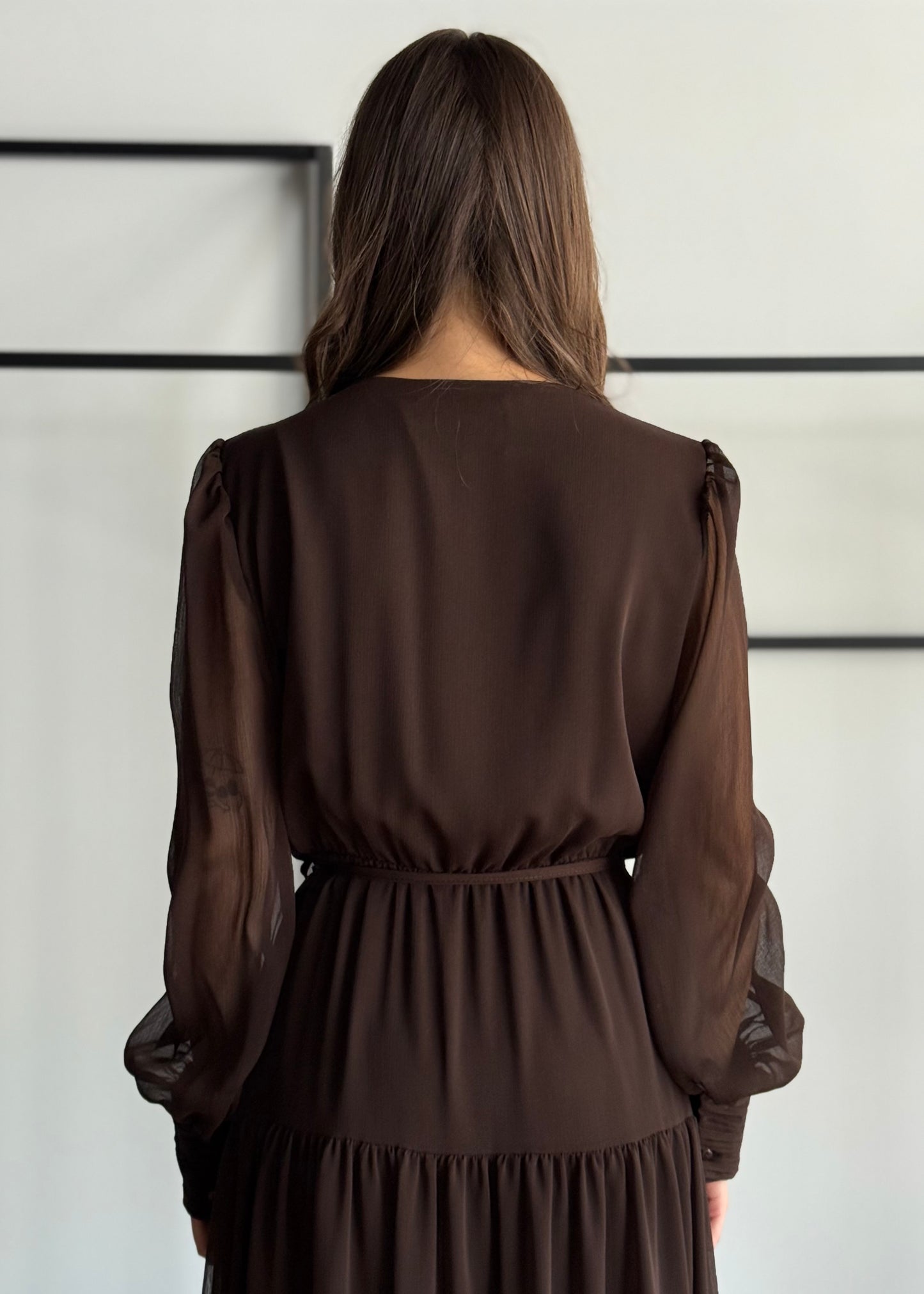 Abito lungo in chiffon con scollo a V e cintura -PHILIALOFT