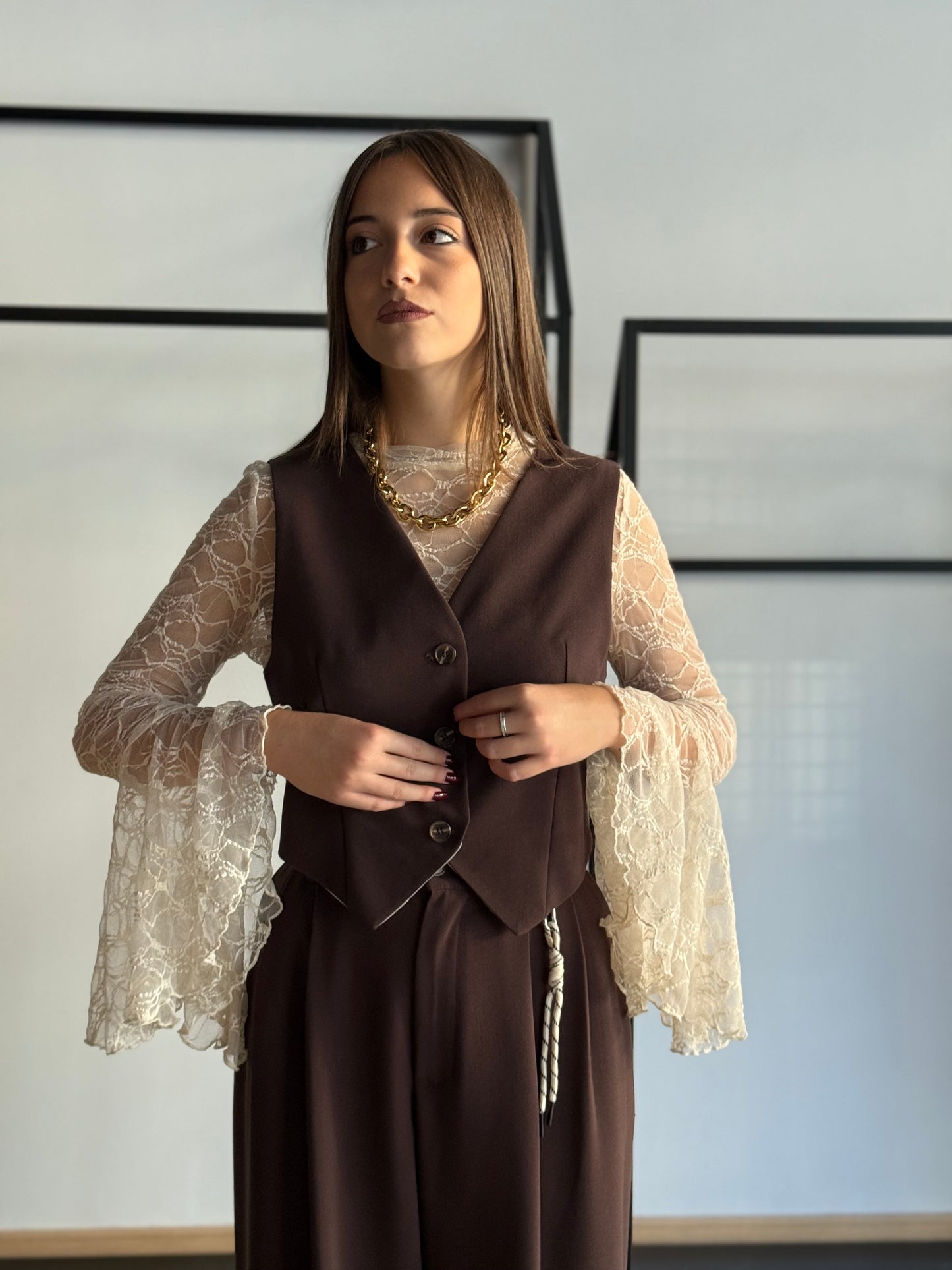 Coordinato gilet e pantalone palazzo in tessuto fluido -PHILIALOFT