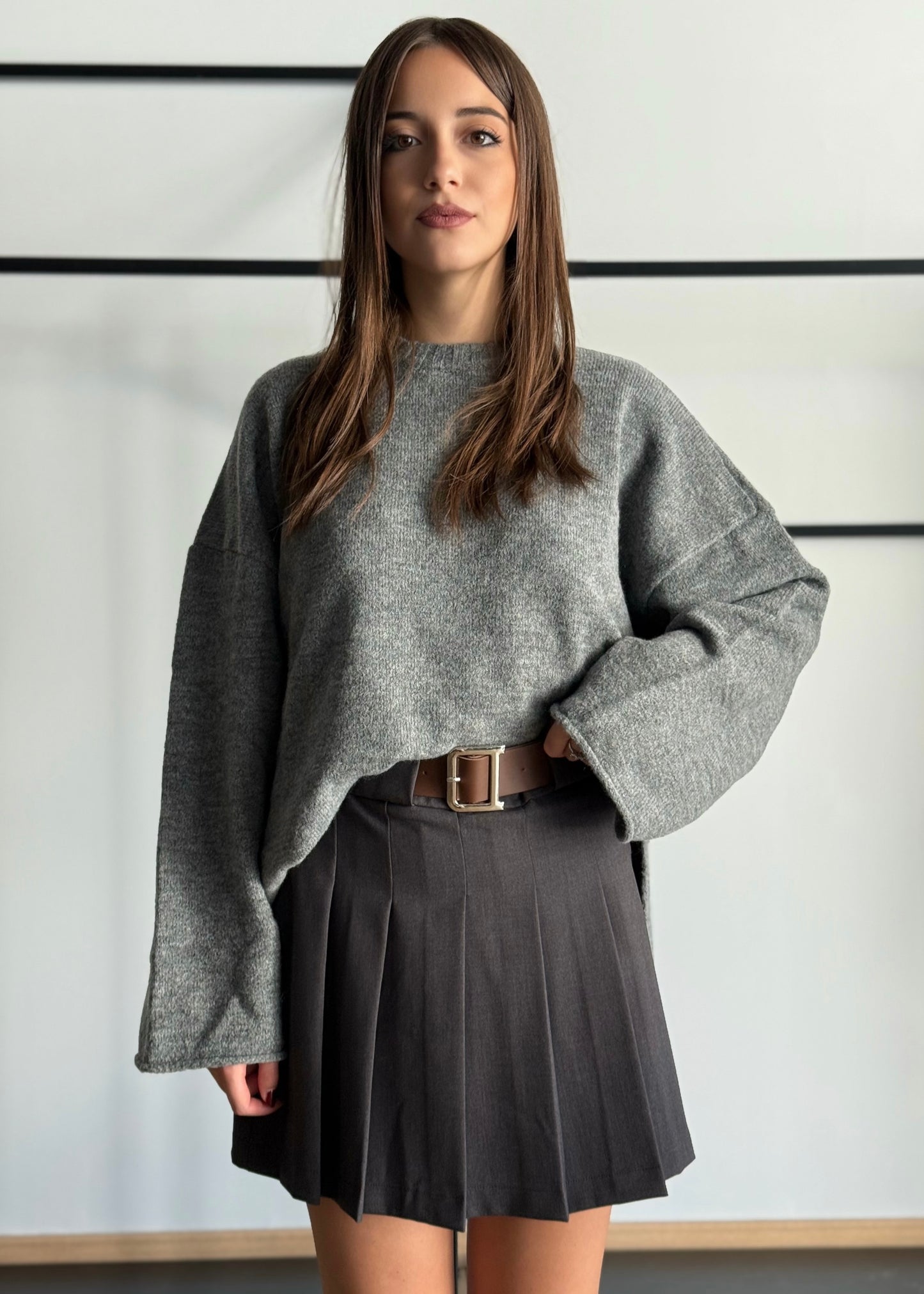 Gonna a pieghe grigia con zip laterale -LUMINA