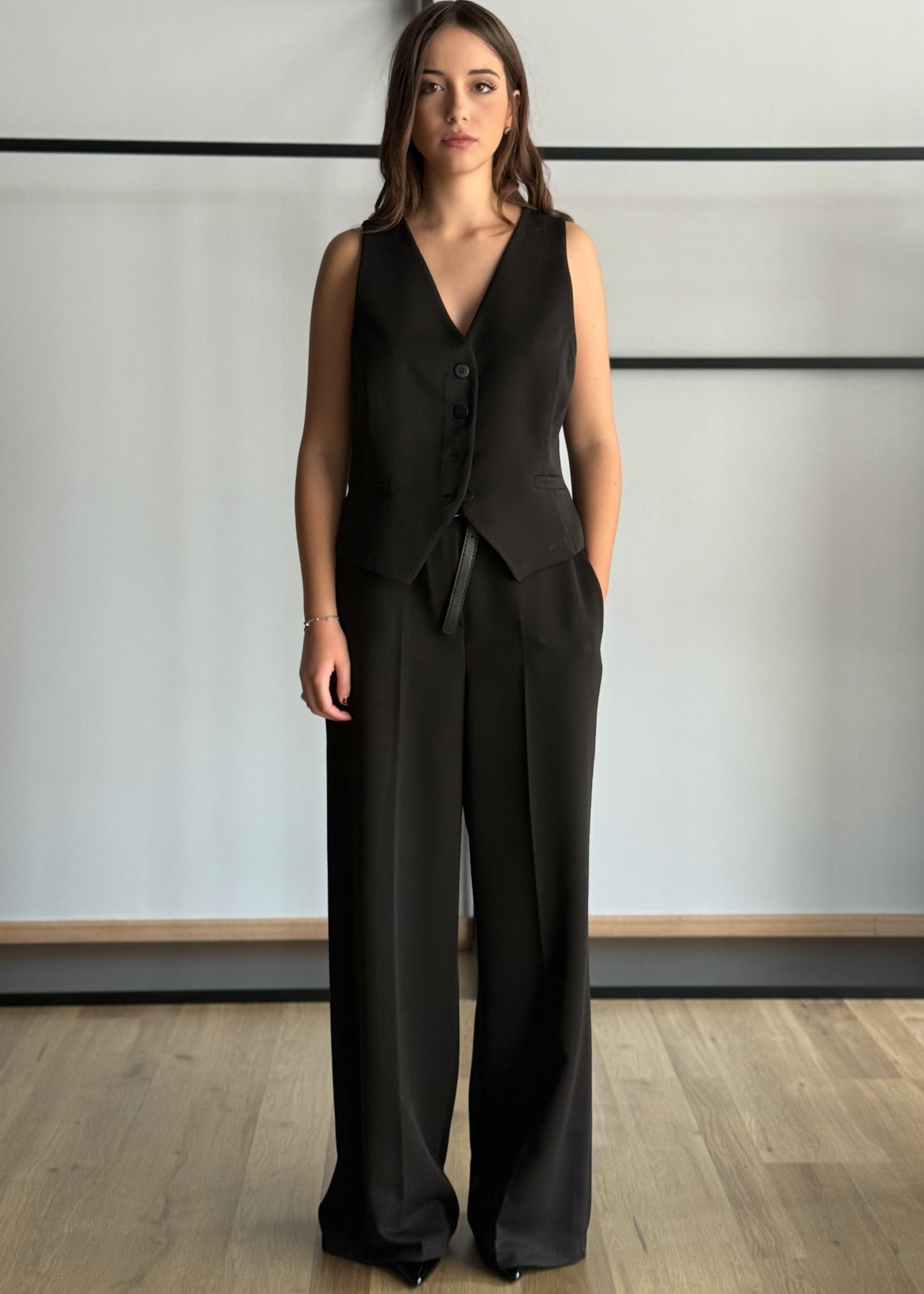 Pantaloni palazzo nero con cintura sottile nera -ZAHJR