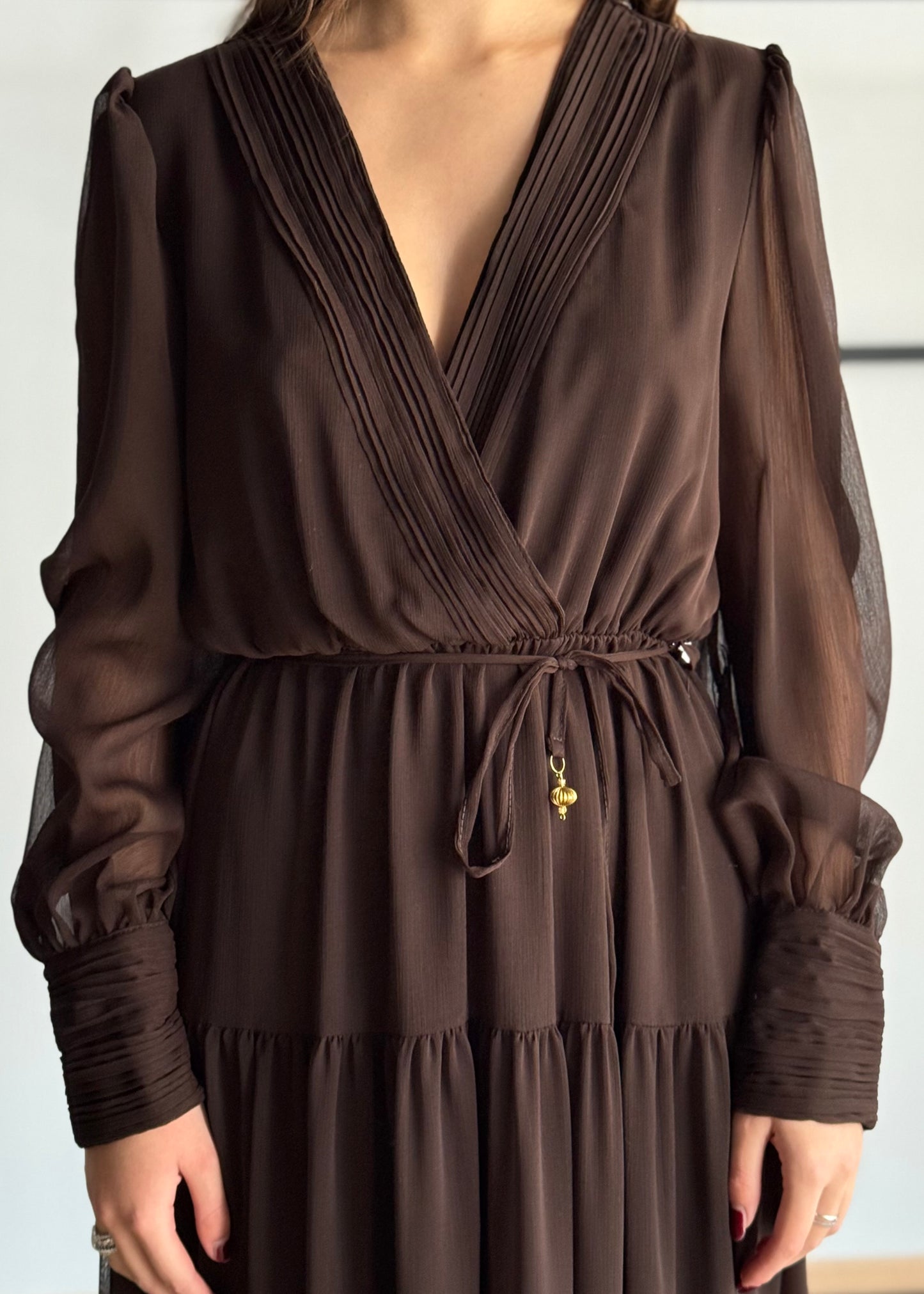 Abito lungo in chiffon con scollo a V e cintura -PHILIALOFT