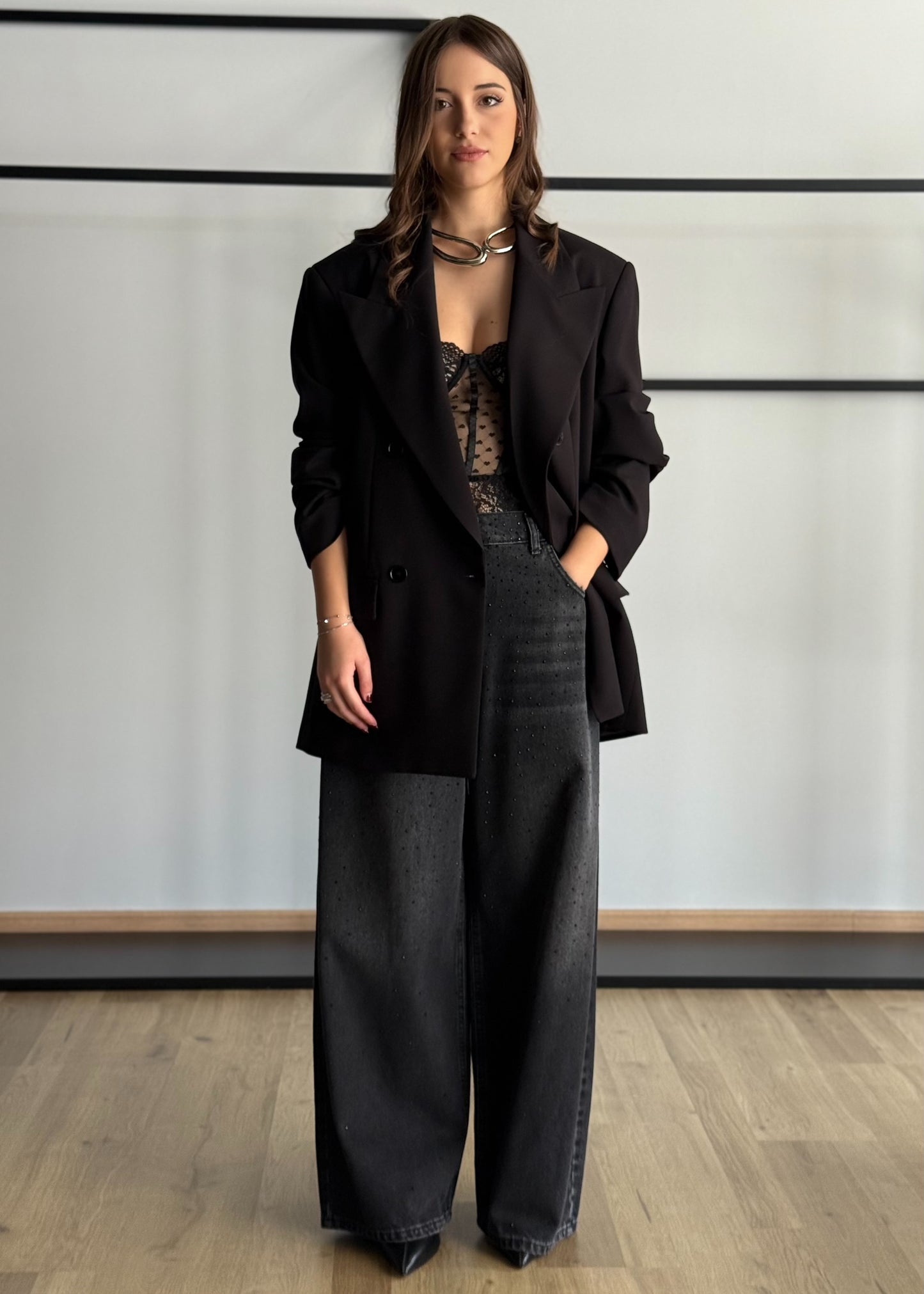 Jeans Wide Leg Nero con Strass