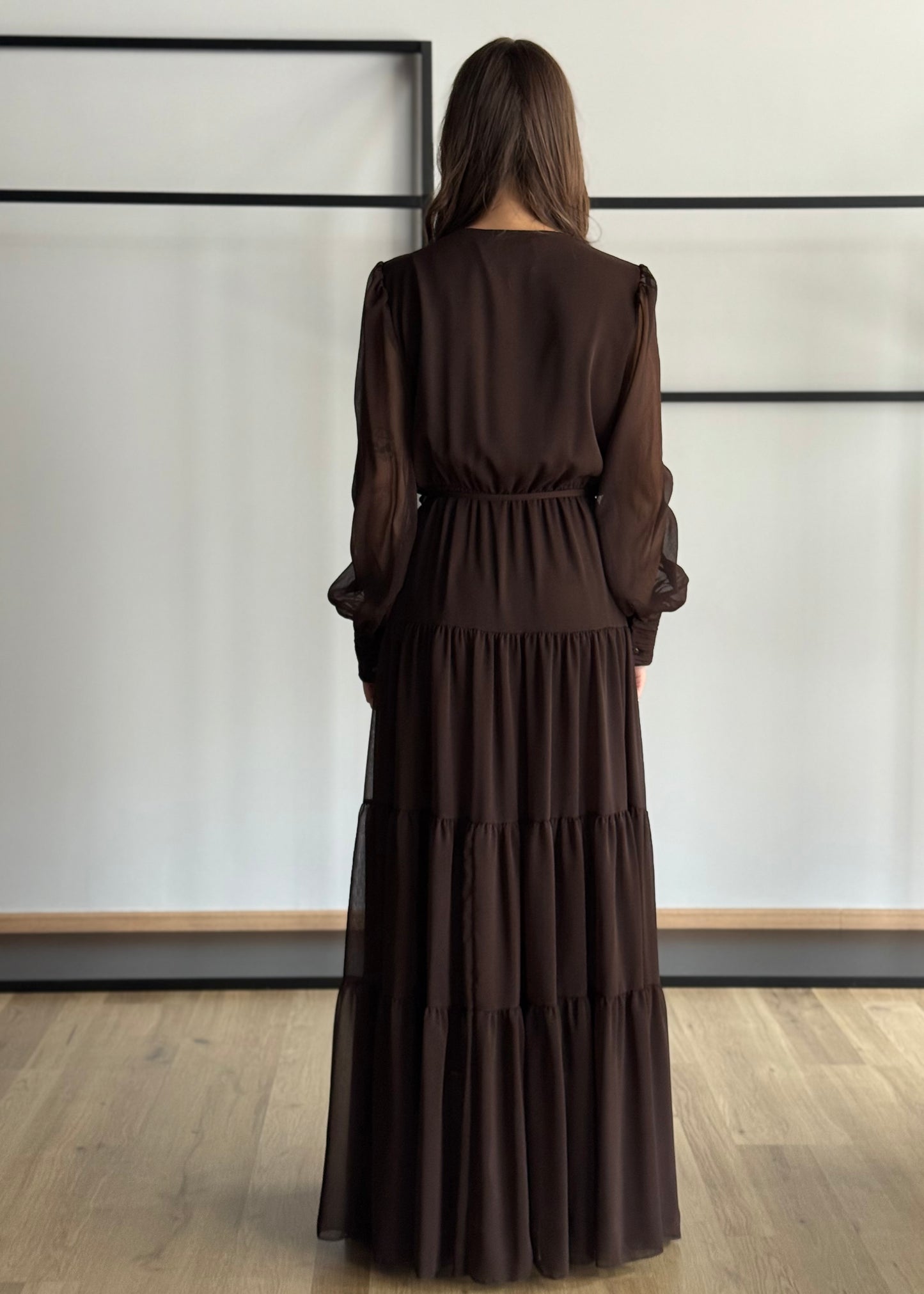 Abito lungo in chiffon con scollo a V e cintura -PHILIALOFT
