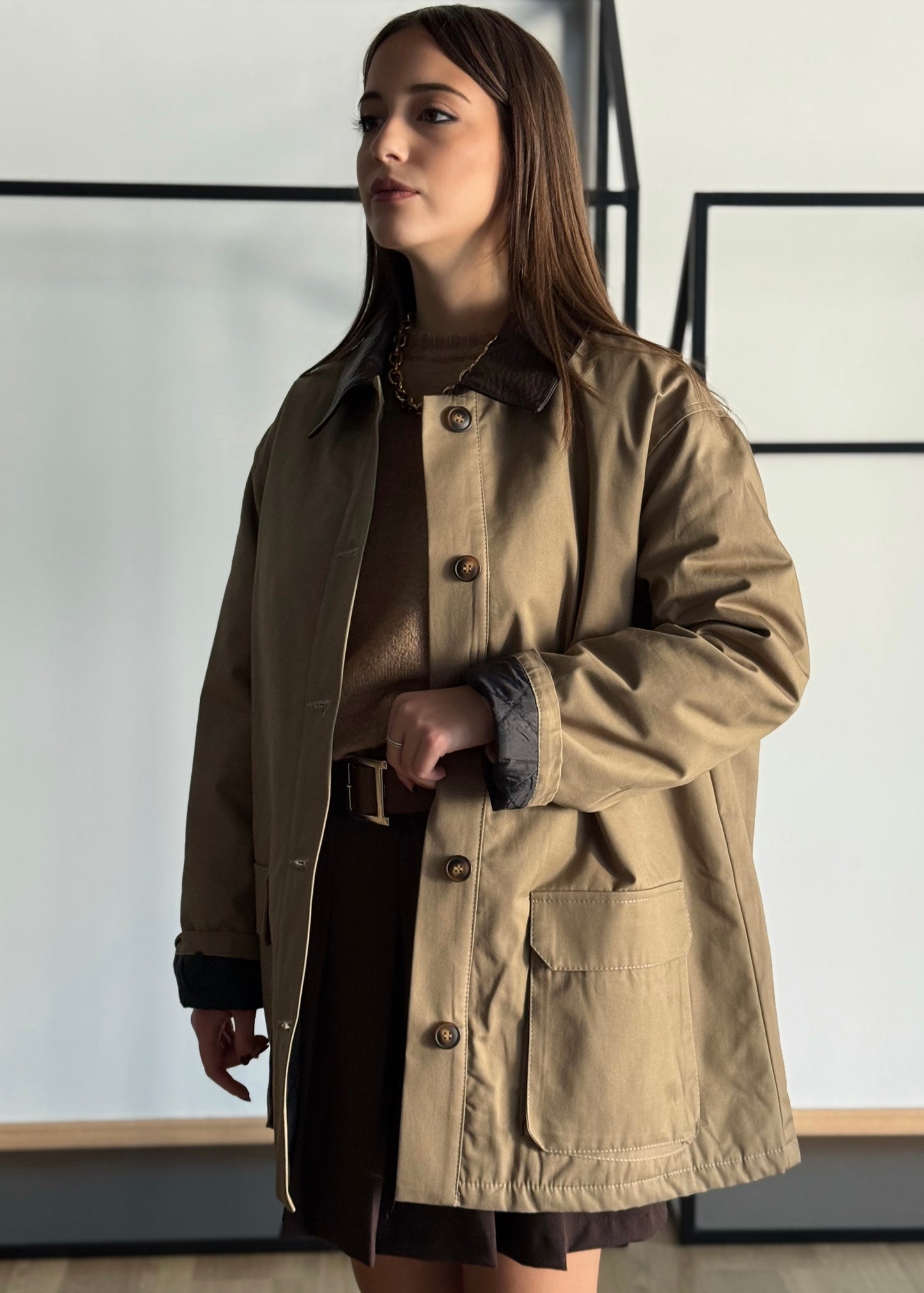 Giacca beige con colletto a contrasto -LUMINA