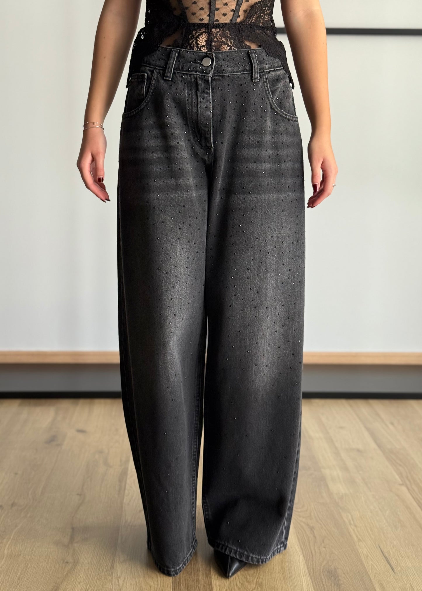 Jeans Wide Leg Nero con Strass