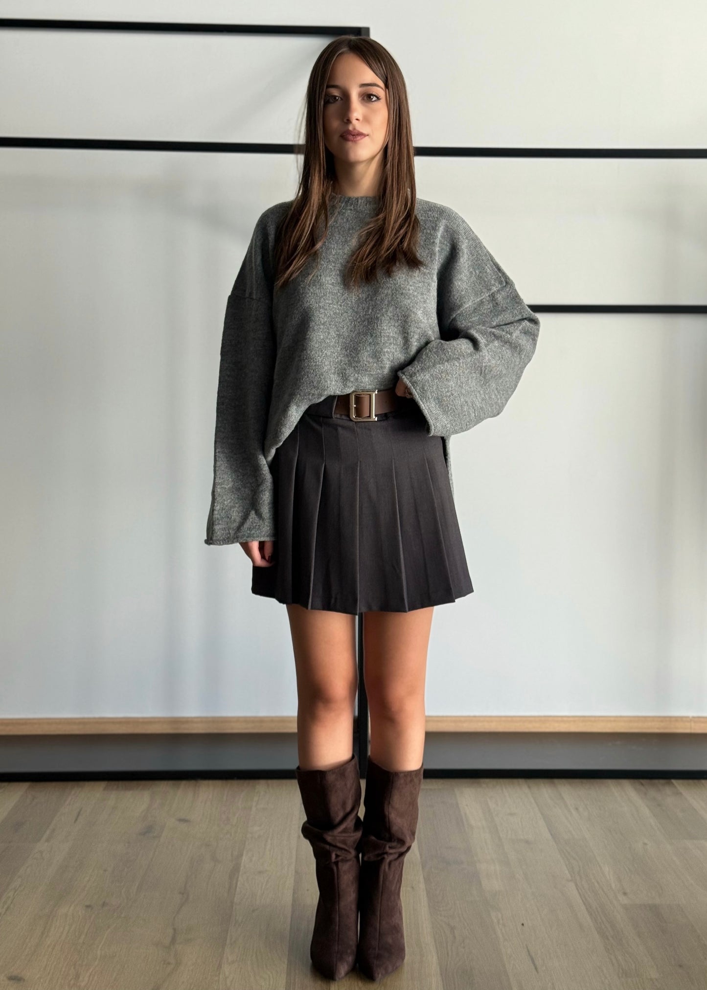 Gonna a pieghe grigia con zip laterale -LUMINA