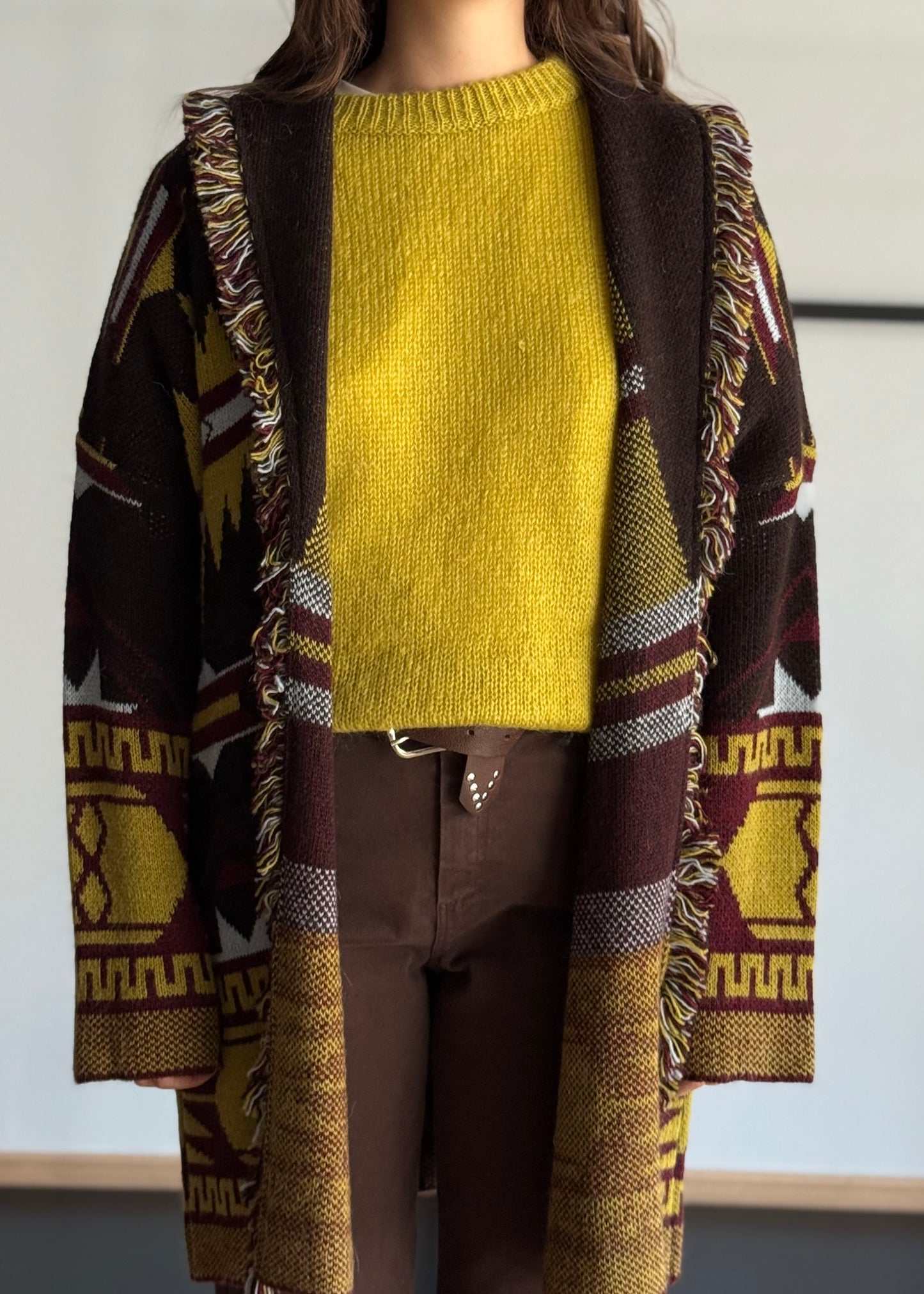Cardigan jacquard con frange e cintura -PHILIALOFT
