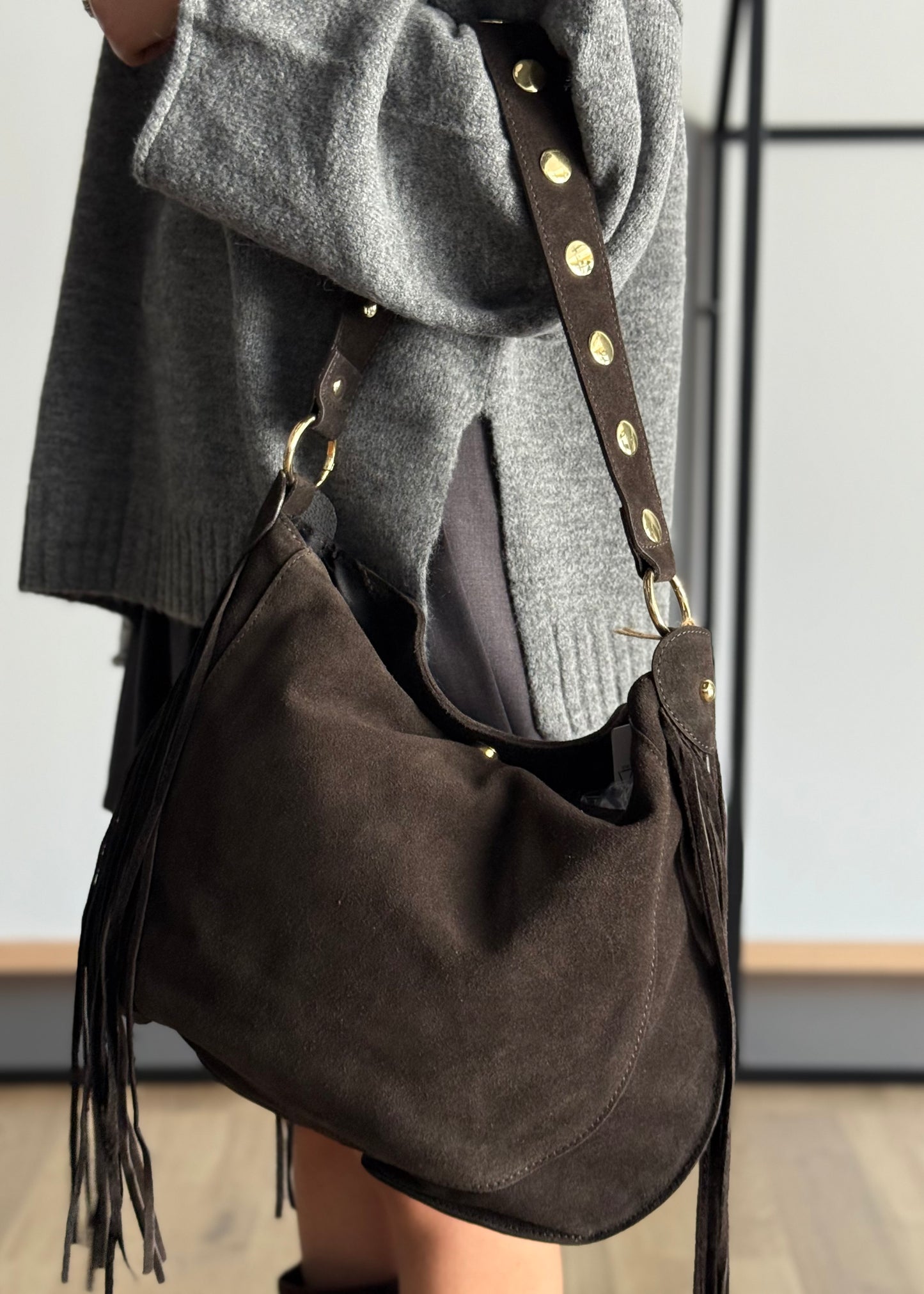 Borsa a Spalla in Camoscio con Frange