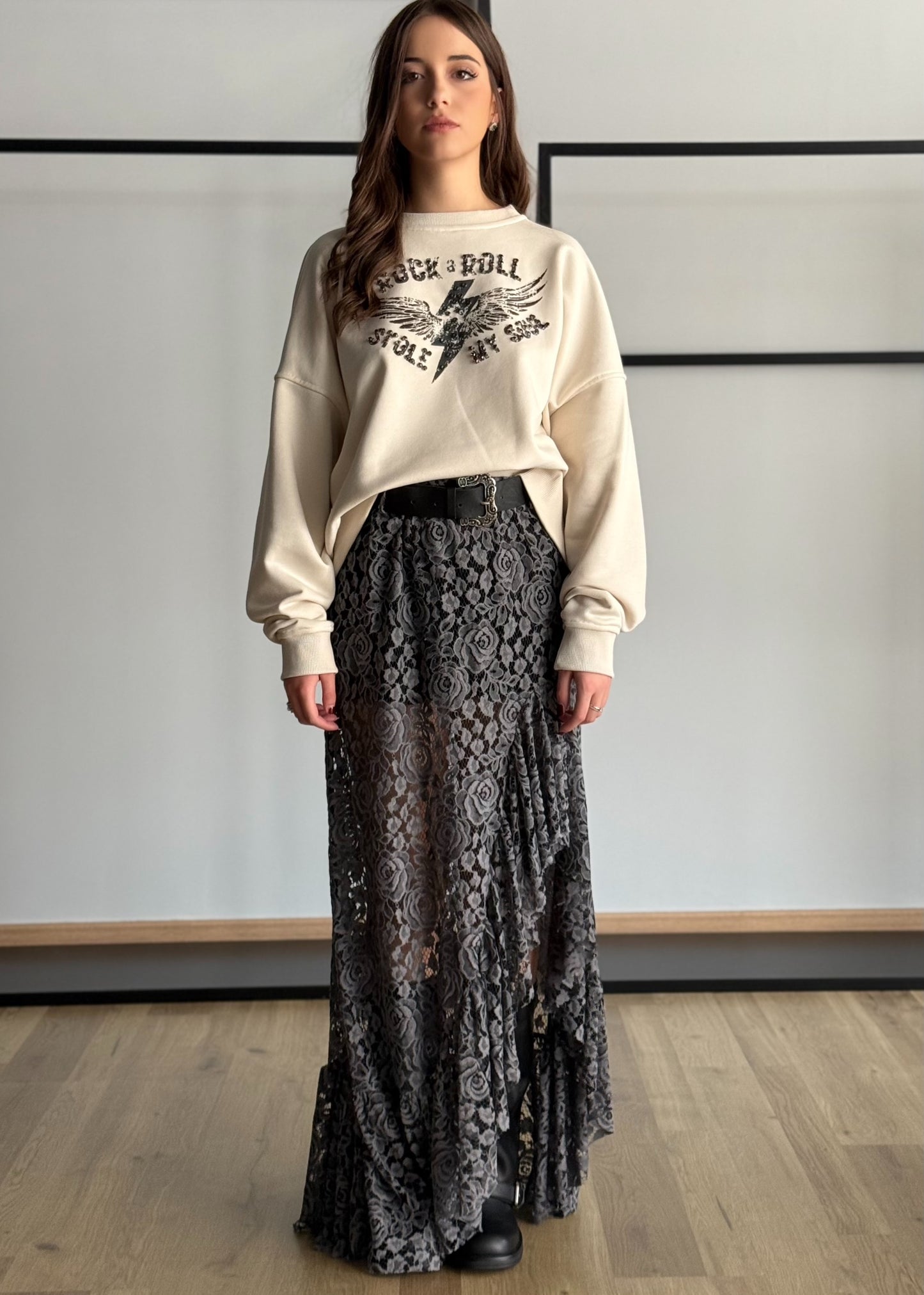 Gonna lunga in pizzo floreale con cintura western -PHILIALOFT