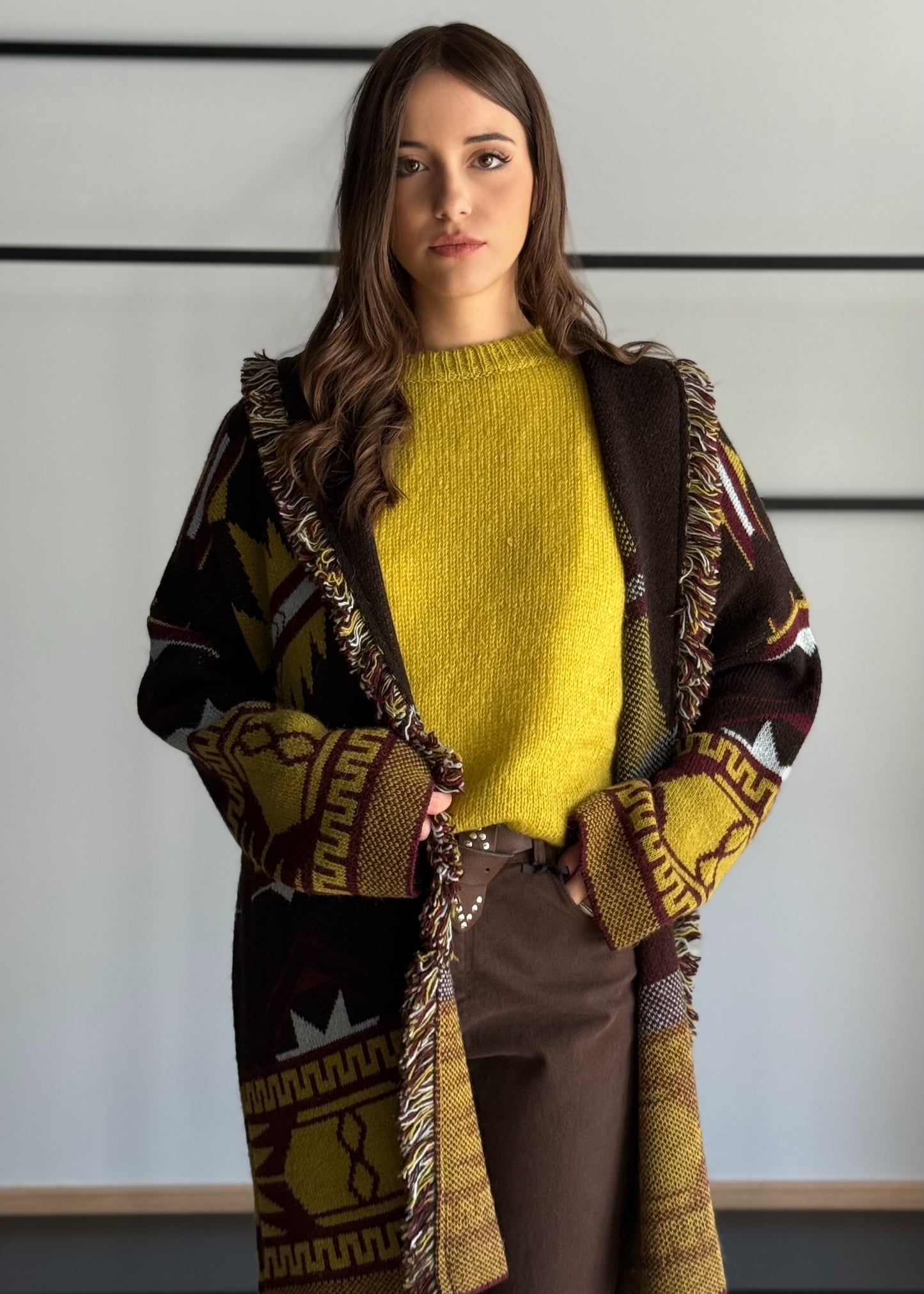 Cardigan jacquard con frange e cintura -PHILIALOFT