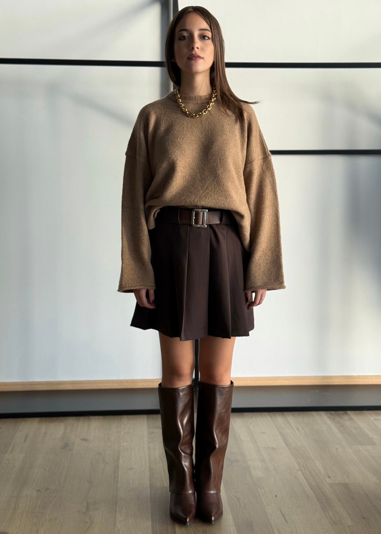 Gonna a pieghe moro con zip laterale -LUMINA