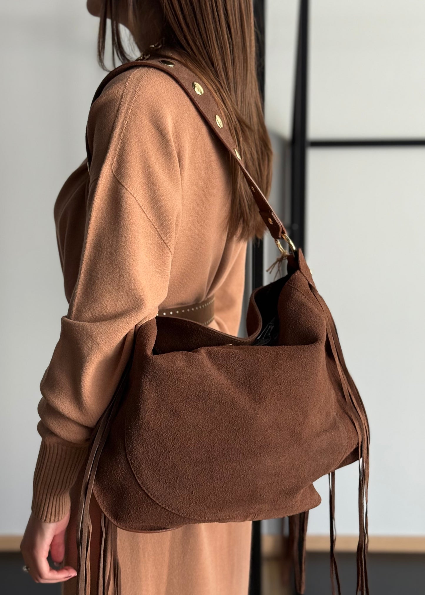 Borsa a Spalla in Camoscio con Frange
