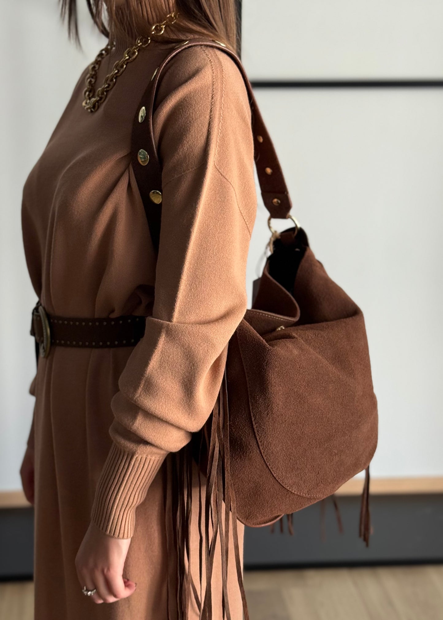 Borsa a Spalla in Camoscio con Frange