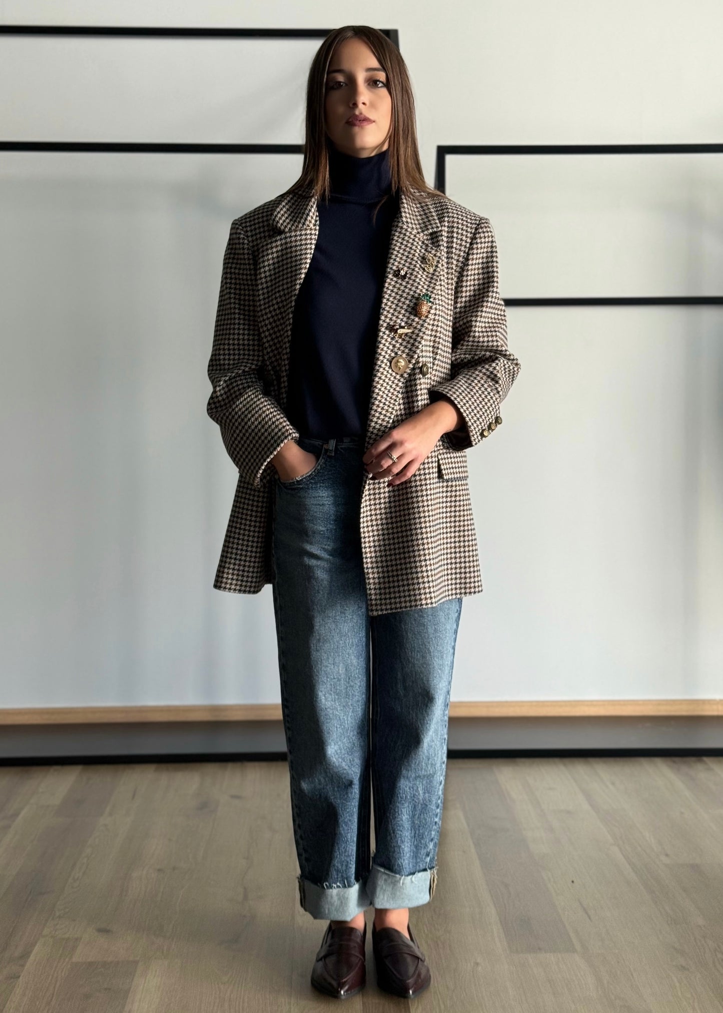 Jeans dritto blu con risvolto