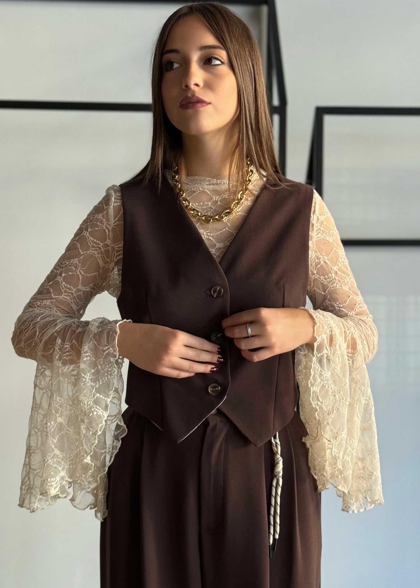 Coordinato gilet e pantalone palazzo in tessuto fluido -PHILIALOFT