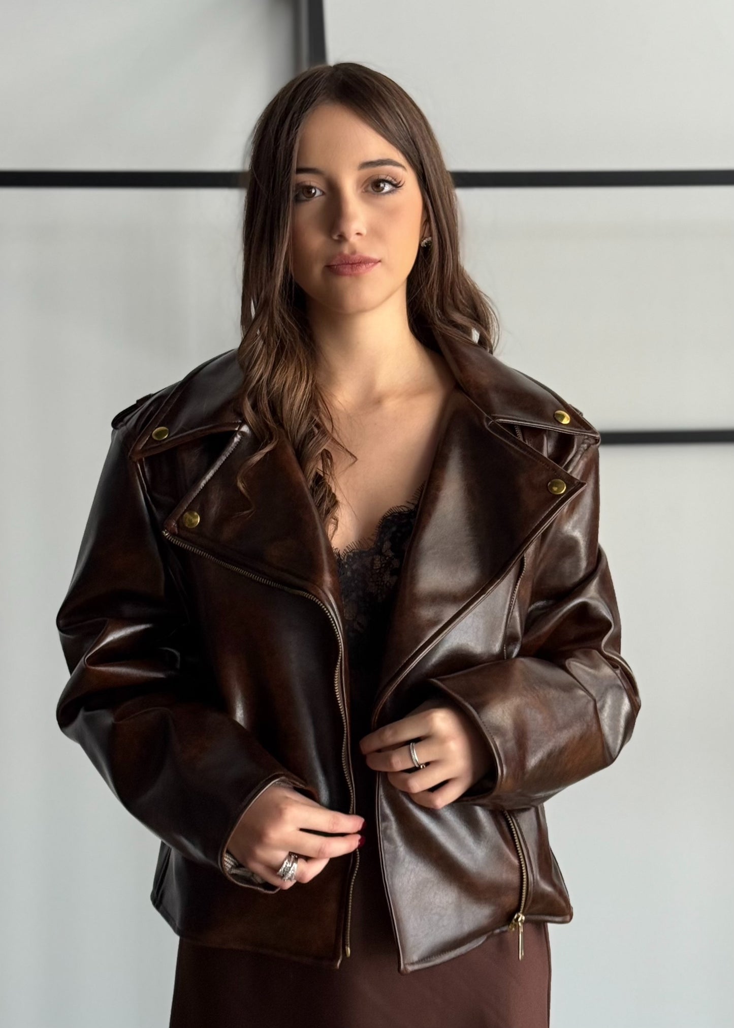 Giacca biker in ecopelle marrone -ZAHJR