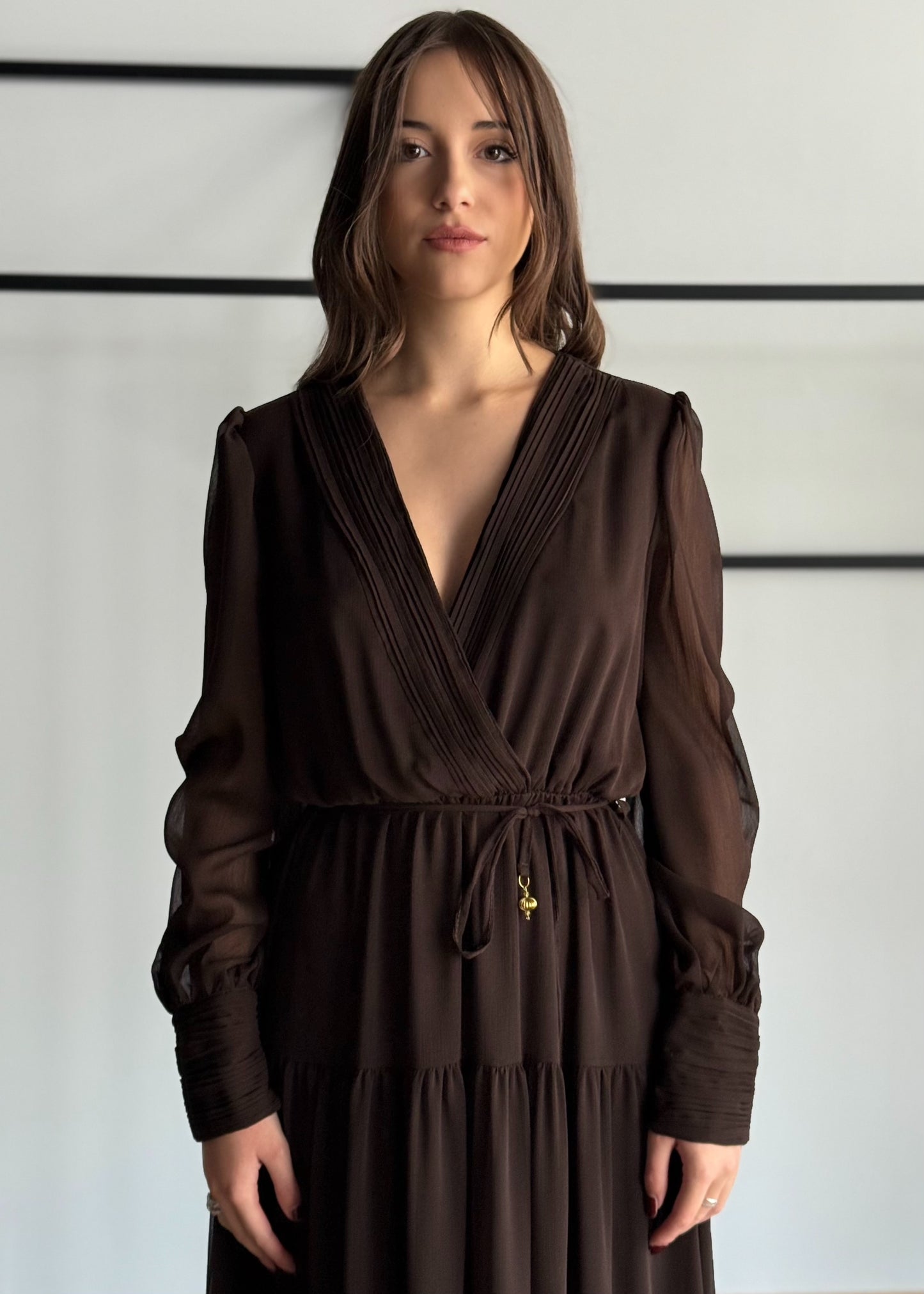Abito lungo in chiffon con scollo a V e cintura -PHILIALOFT