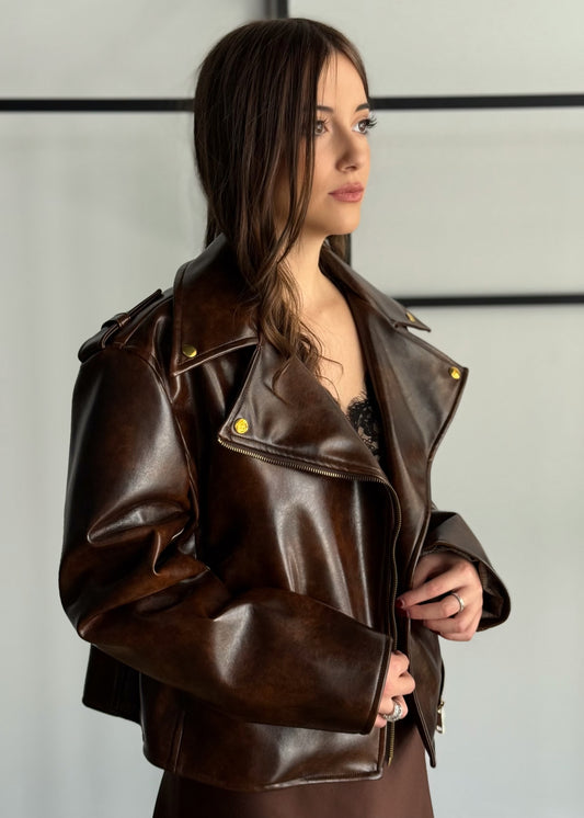 Giacca biker in ecopelle marrone -ZAHJR