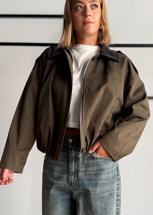 Giacca Bomber militare con Collo in Ecopelle
