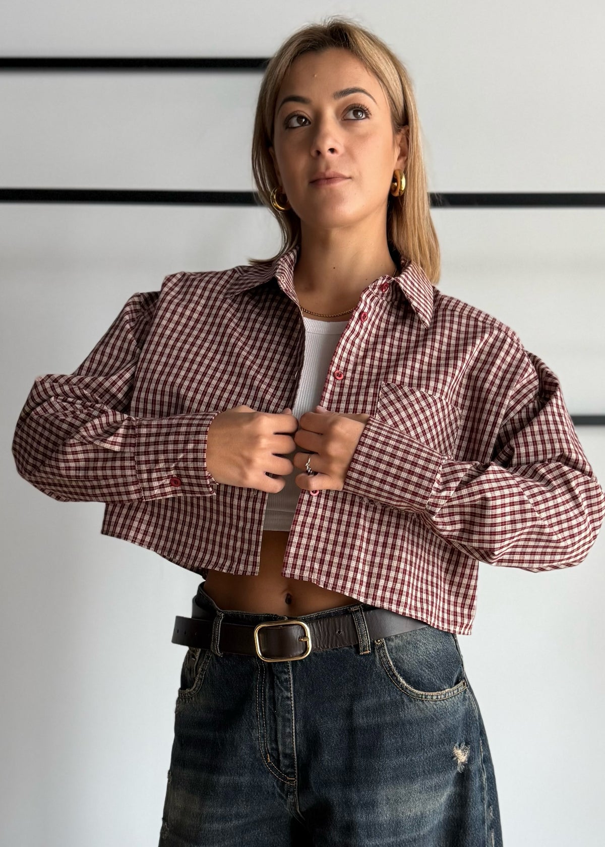 Camicia cropped a quadri con taschino