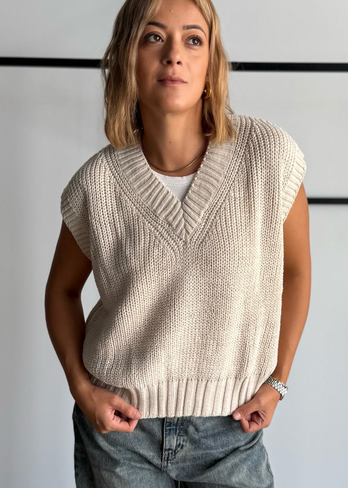 Gilet in maglia latte con scollo a V - ZAHJR
