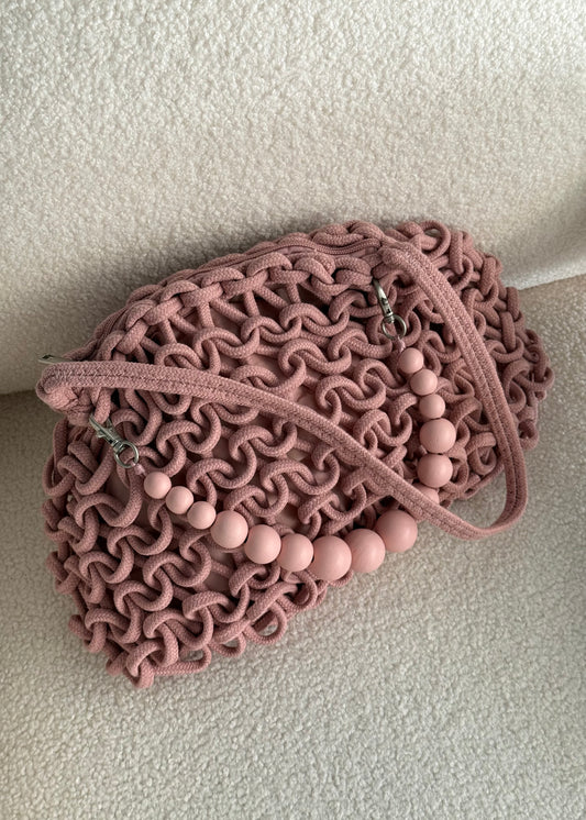 Borsa Rosa Antico in Corda Intrecciata con Tracolla e Manico di Perle
