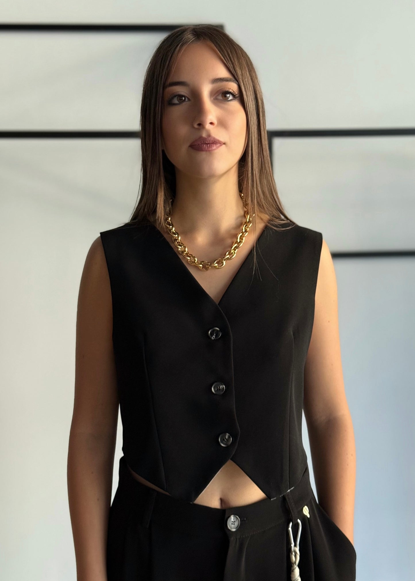 Coordinato gilet e pantalone palazzo in tessuto fluido -PHILIALOFT