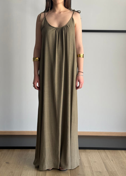 Maxi abito kaki con spalline annodabili