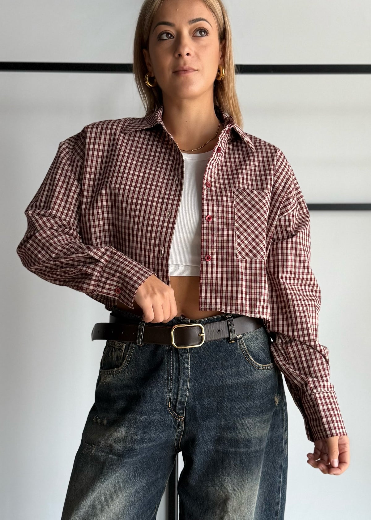 Camicia cropped a quadri con taschino