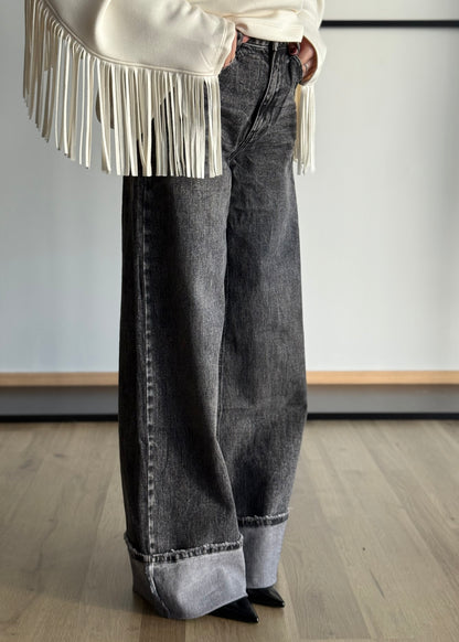 Jeans nero wide leg con risvolto