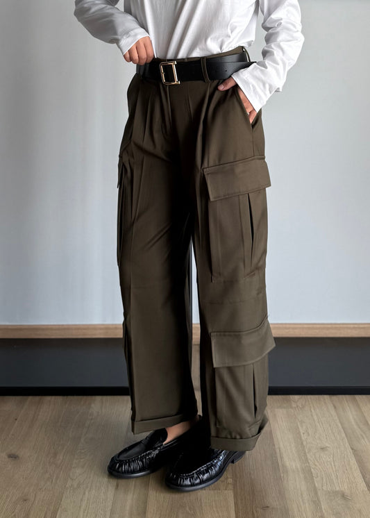 Pantalone cargo wide leg militare con cintura - ZAHJR