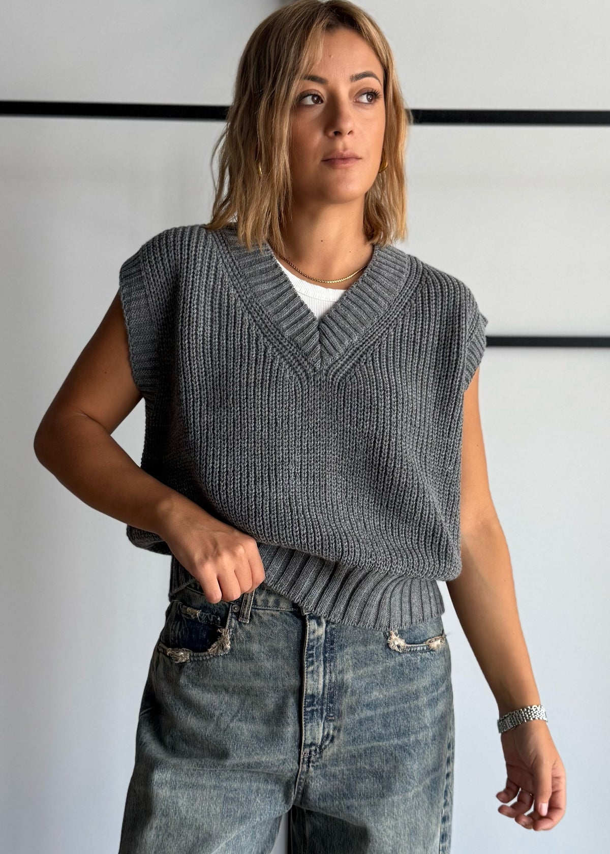 Gilet in maglia grigio con scollo V - ZAHJR