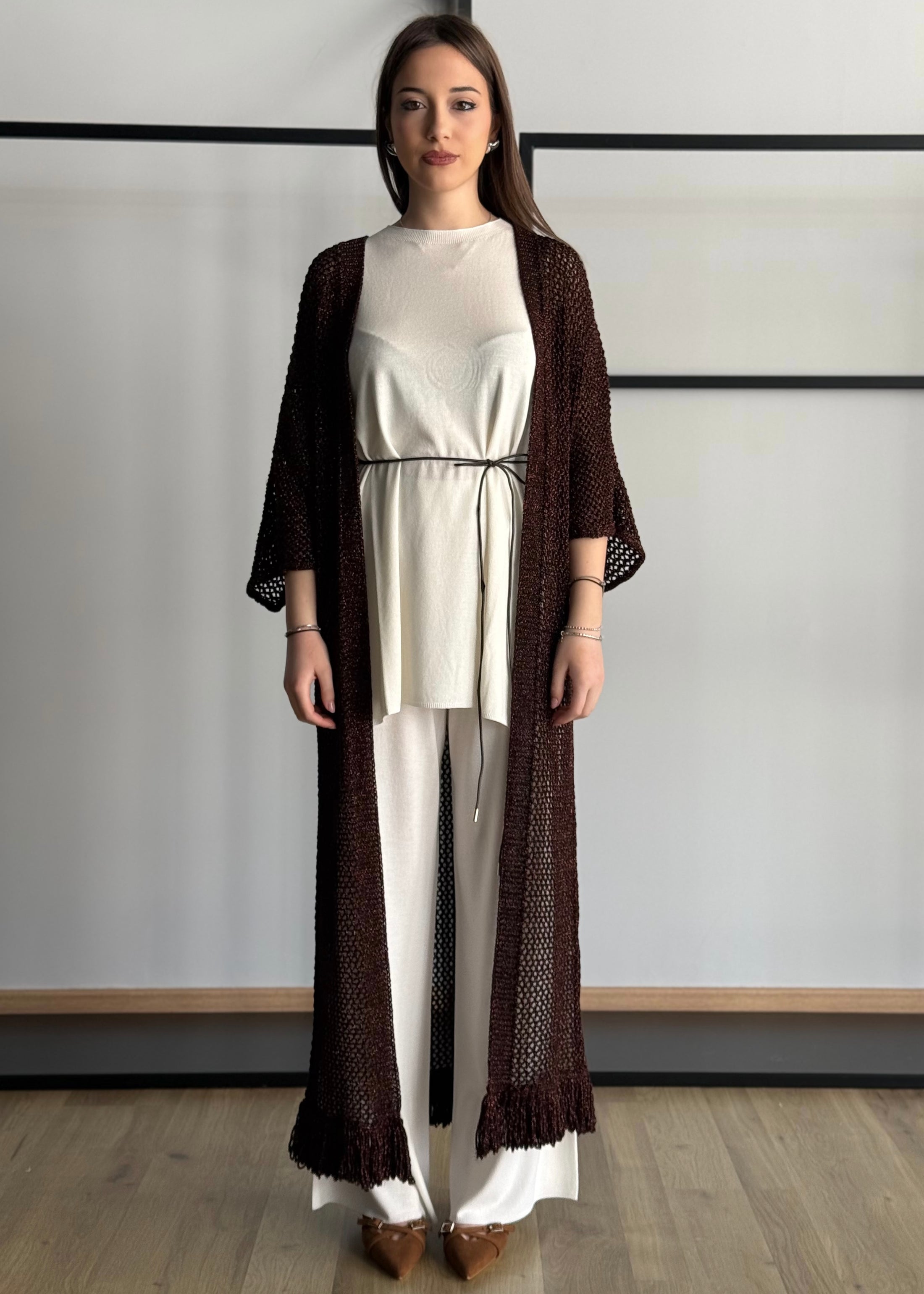 Cardigan lungo KONTATTO traforato con frange