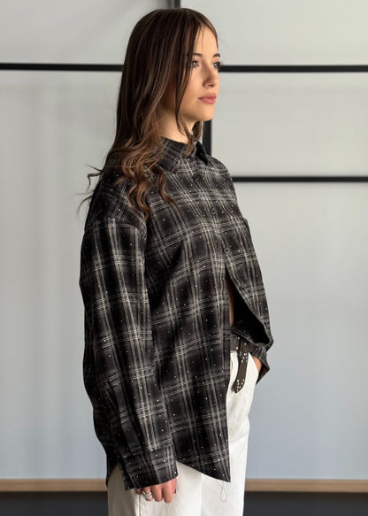 Camicia Oversize Check Nera con Dettagli Brillanti