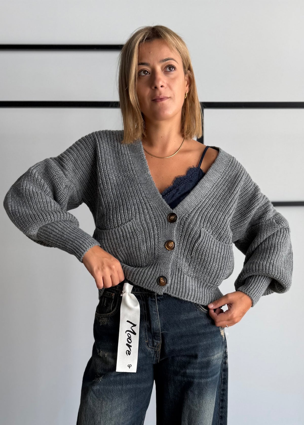 Cardigan chunky grigio con tasche - ZAHJR