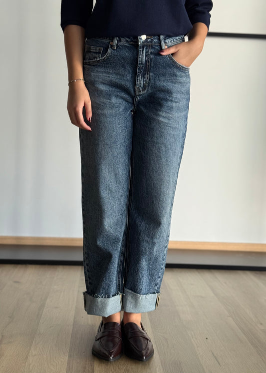 Jeans dritto blu con risvolto