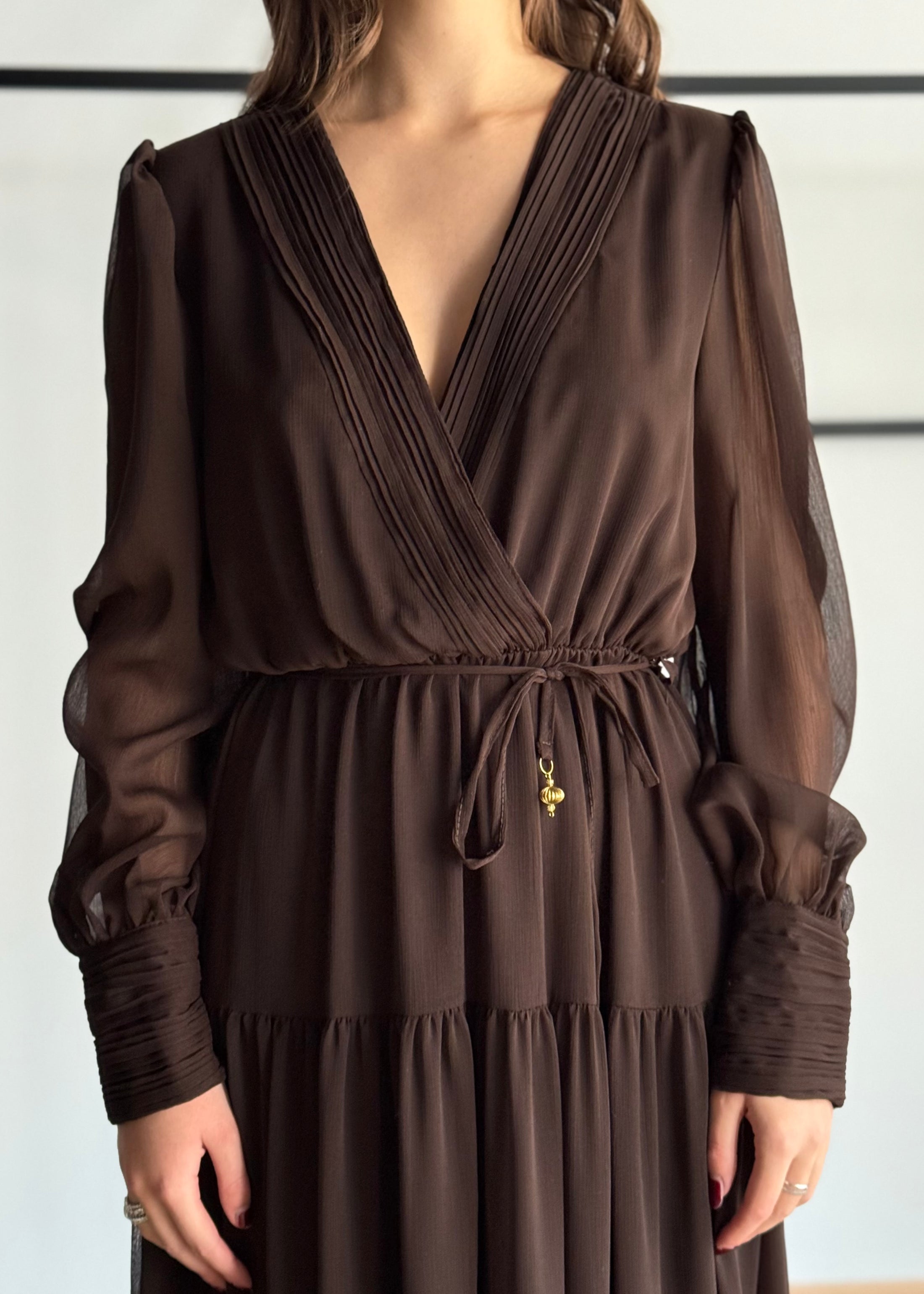 Abito lungo in chiffon con scollo a V e cintura -PHILIALOFT