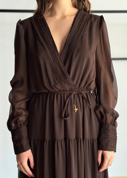Abito lungo in chiffon con scollo a V e cintura -PHILIALOFT