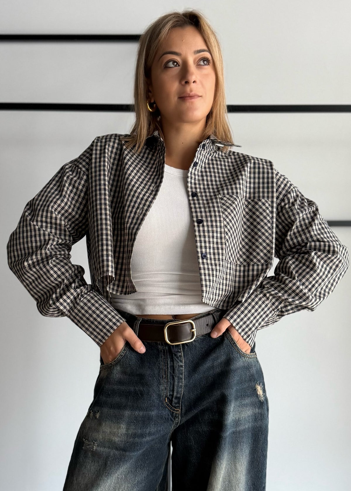 Camicia cropped a quadri con taschino