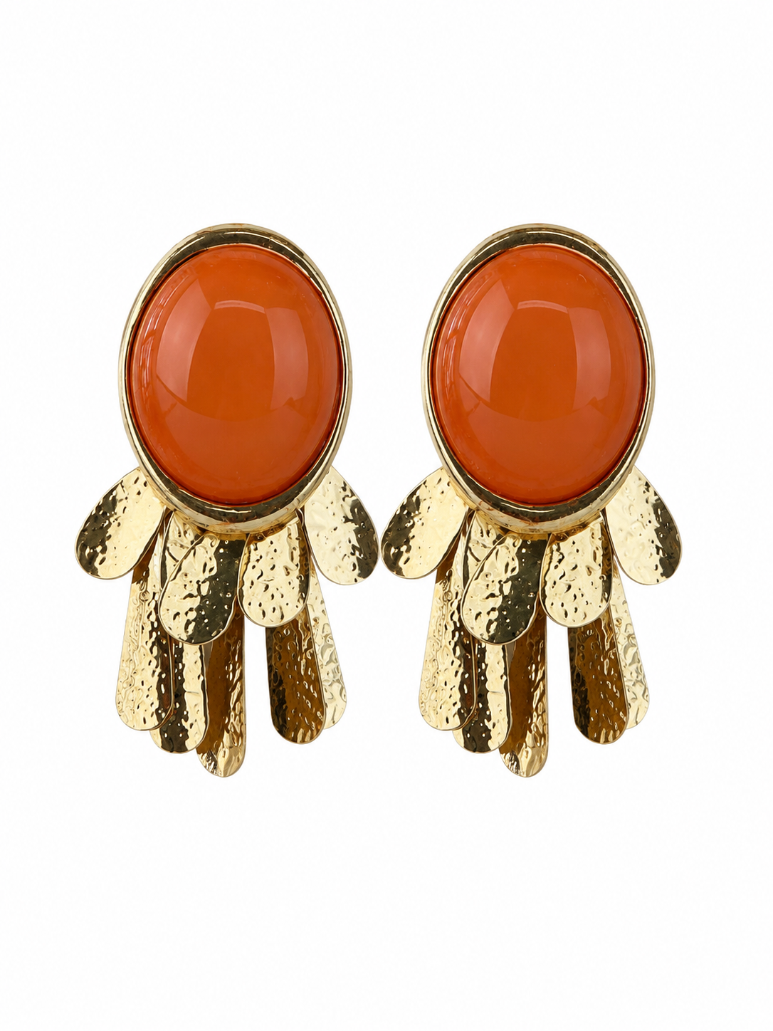 Orecchini Statement Dorati con Pietra Arancio e Pendenti Martellati