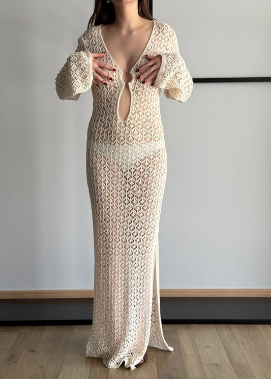Abito lungo crochet panna con scollo profondo