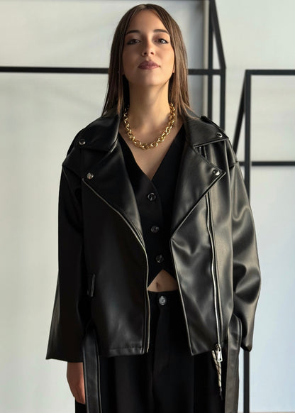 Giacca biker oversize in ecopelle nera