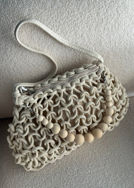 Borsa crema in Corda Intrecciata con Tracolla e Manico di Perle