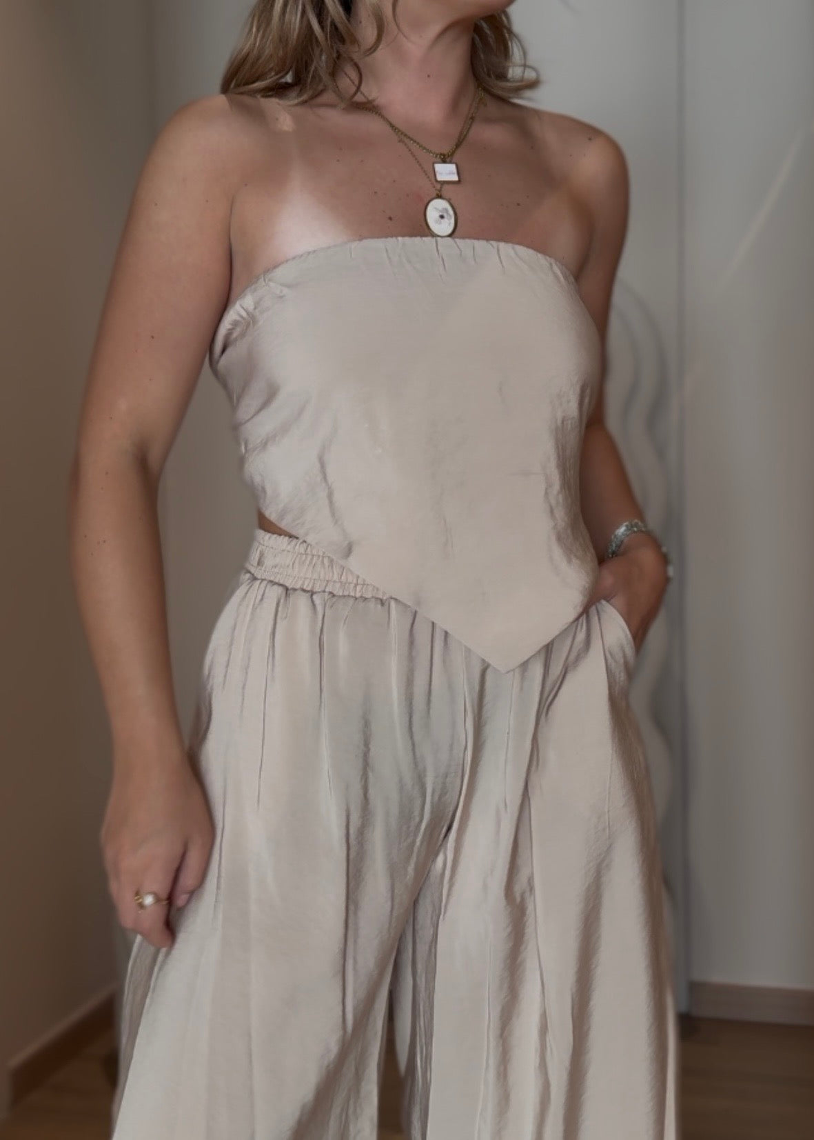 Coordinato palazzo & top fiocco beige