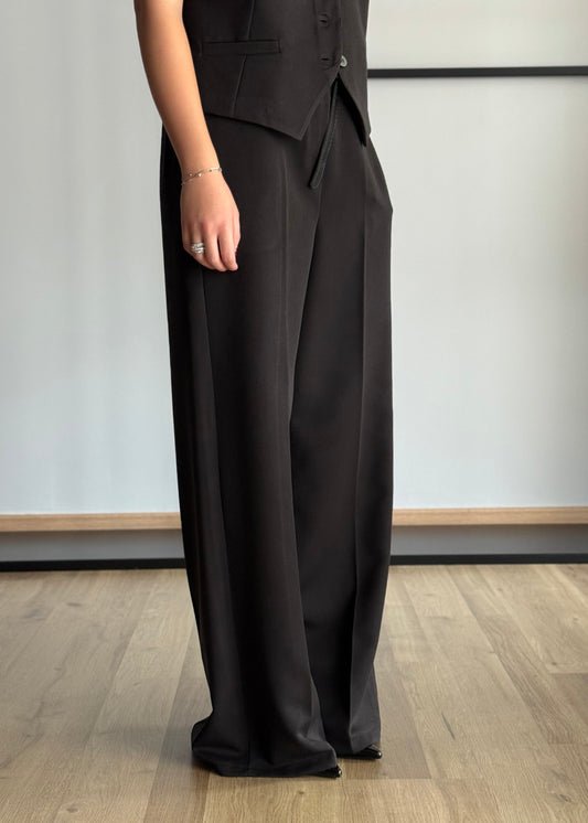 Pantaloni palazzo nero con cintura sottile nera -ZAHJR
