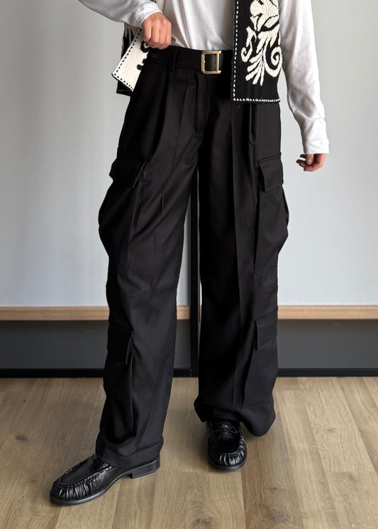 Pantalone cargo wide leg nero con cintura - ZAHJR