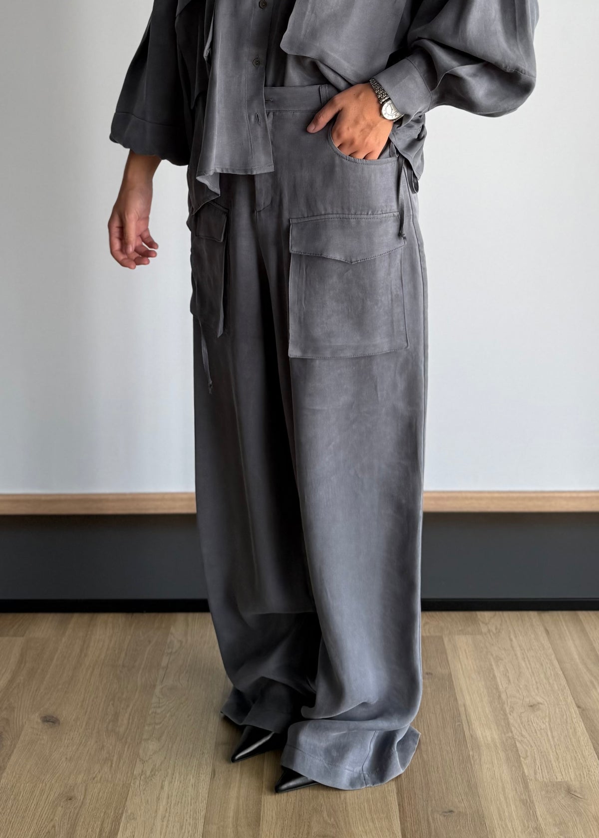 Pantalone cargo wide leg grigio - ZAHJR