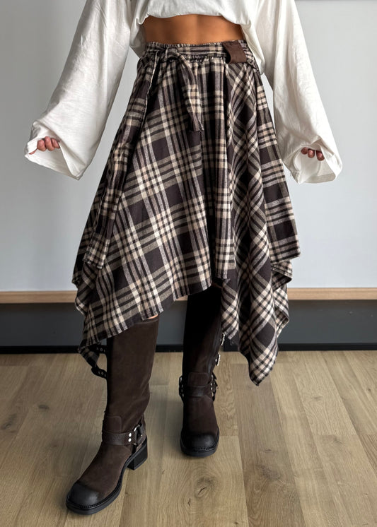 PREORDINE - Gonna tartan asimmetrica con fiocco